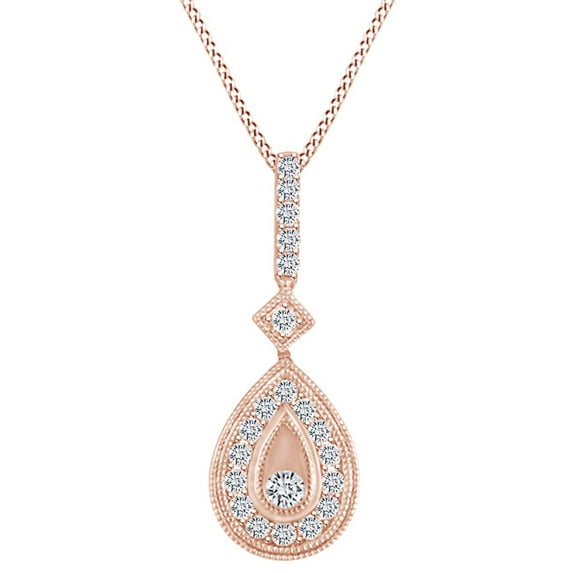 AFFY 1/2 Carat Round Shape White Natural Diamond Pear Frame Pendant Necklace In 14k Solid Rose Gold (0.50 Cttw)