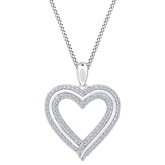 AFFY 1/2 Carat Round White Natural Diamond Double Row Heart Pendant Necklace 10k Solid White Gold with 18" Chain (I-J Color, I2-I3 Clarity, 0.50 Cttw)