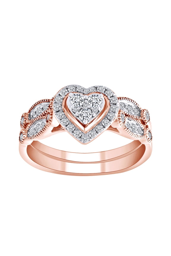1/2 Carat Round White Natural Diamond Heart Engagement Bridal Ring Set In 14K Solid Rose Gold-Ring Size-5.5