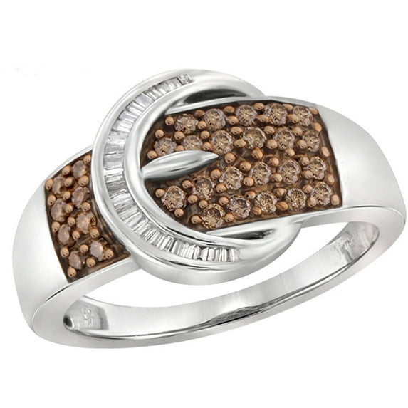 1/2 Carat T.W. Champagne and White Diamond Buckle Sterling Silver Ring