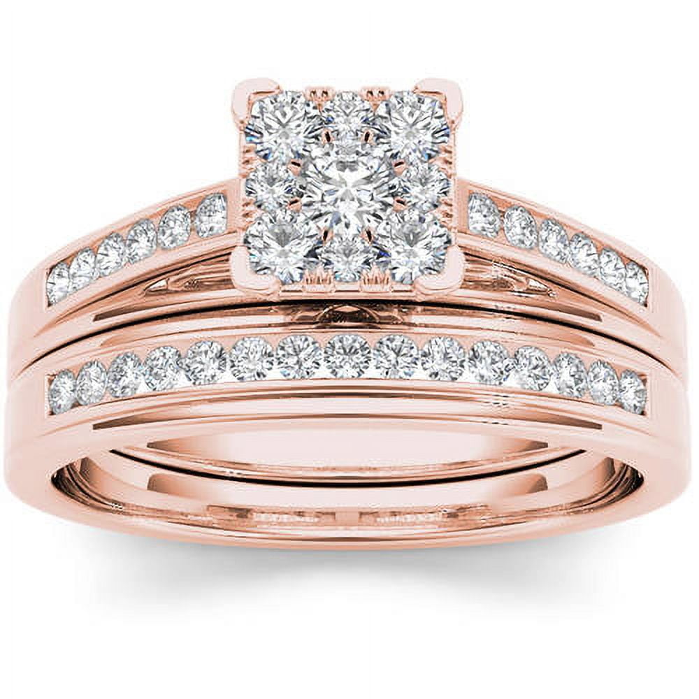 1/2 Carat T.W. Diamond 10kt Rose Gold Square-Shape Cluster Engagement Ring Set
