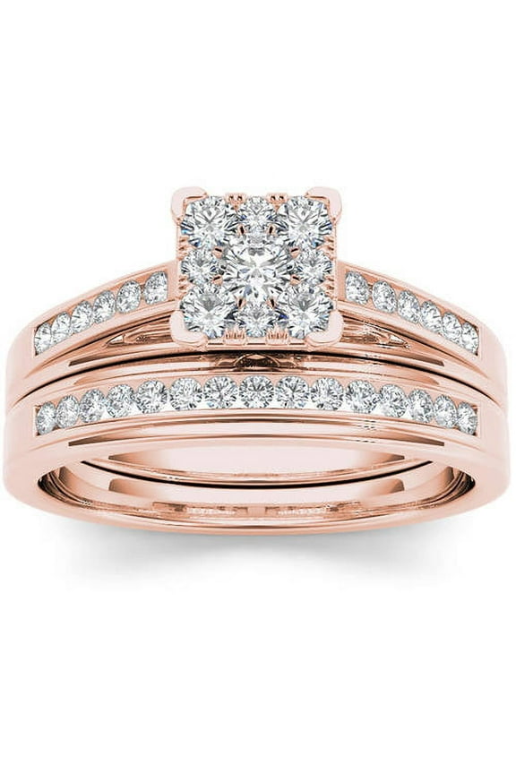1/2 Carat T.W. Diamond 10kt Rose Gold Square-Shape Cluster Engagement Ring Set