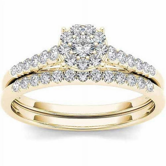 1/2 Carat T.W. Diamond 10kt Yellow Gold Cluster Engagement Ring Set