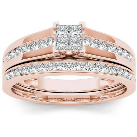 1/2 Carat T.W. Diamond Cluster 10kt Rose Gold Engagement Ring Set