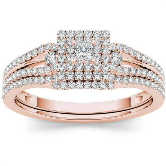 1/2 Carat T.W. Diamond Cluster Double Halo 10kt Rose Gold Engagement Ring Set