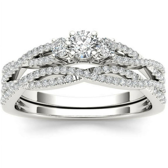 1/2 Carat T.W. Diamond Criss-Cross Shank Three-Stone 14kt White Gold Engagement Ring Set