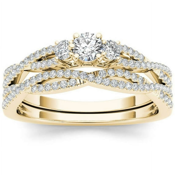 1/2 Carat T.W. Diamond Criss-Cross Shank Three-Stone 14kt Yellow Gold Engagement Ring Set