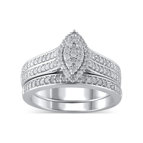 1/2 Carat T.W. (I3 clarity, J-K color) Forever Bride Marquise Shaped Halo Diamond Composite Bridal set in Sterling Silver, Size 6