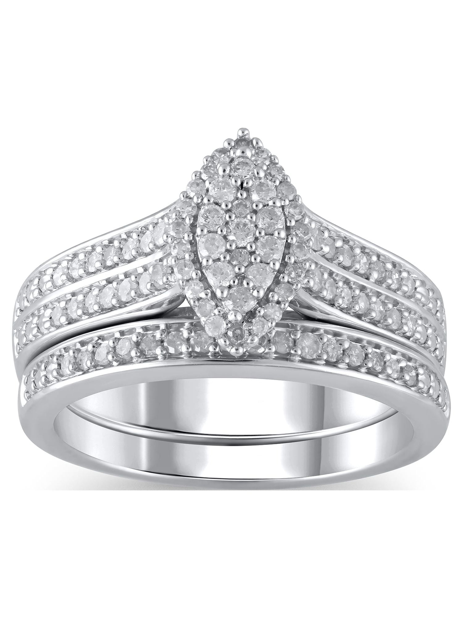 1/2 Carat T.W. (I3 clarity, J-K color) Forever Bride Marquise Shaped Halo Diamond Composite Bridal set in Sterling Silver, Size 9