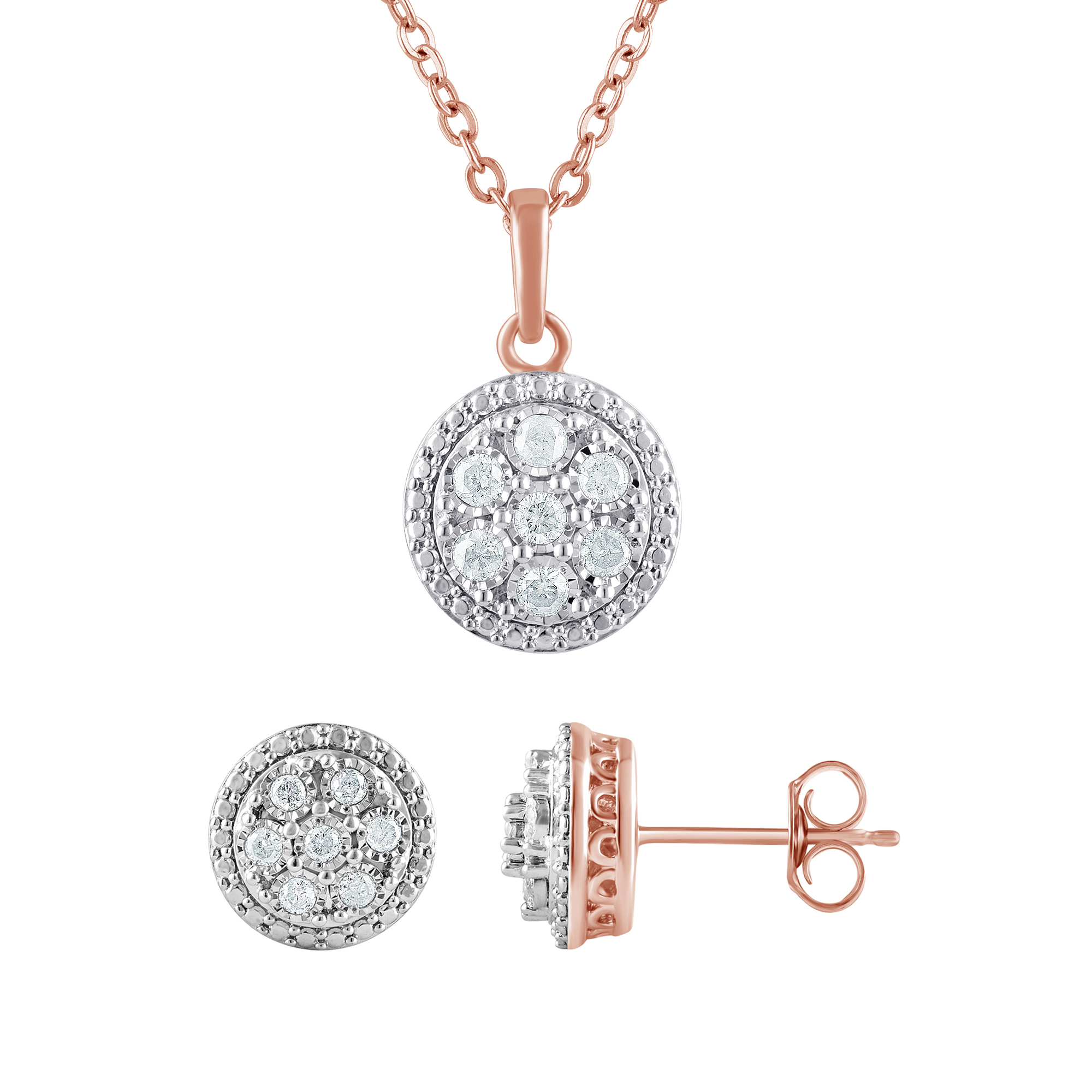 1/2 Carat T.W Sterling Silver Pink Plated Halo Earrings and Pendant 2 Pcs set.