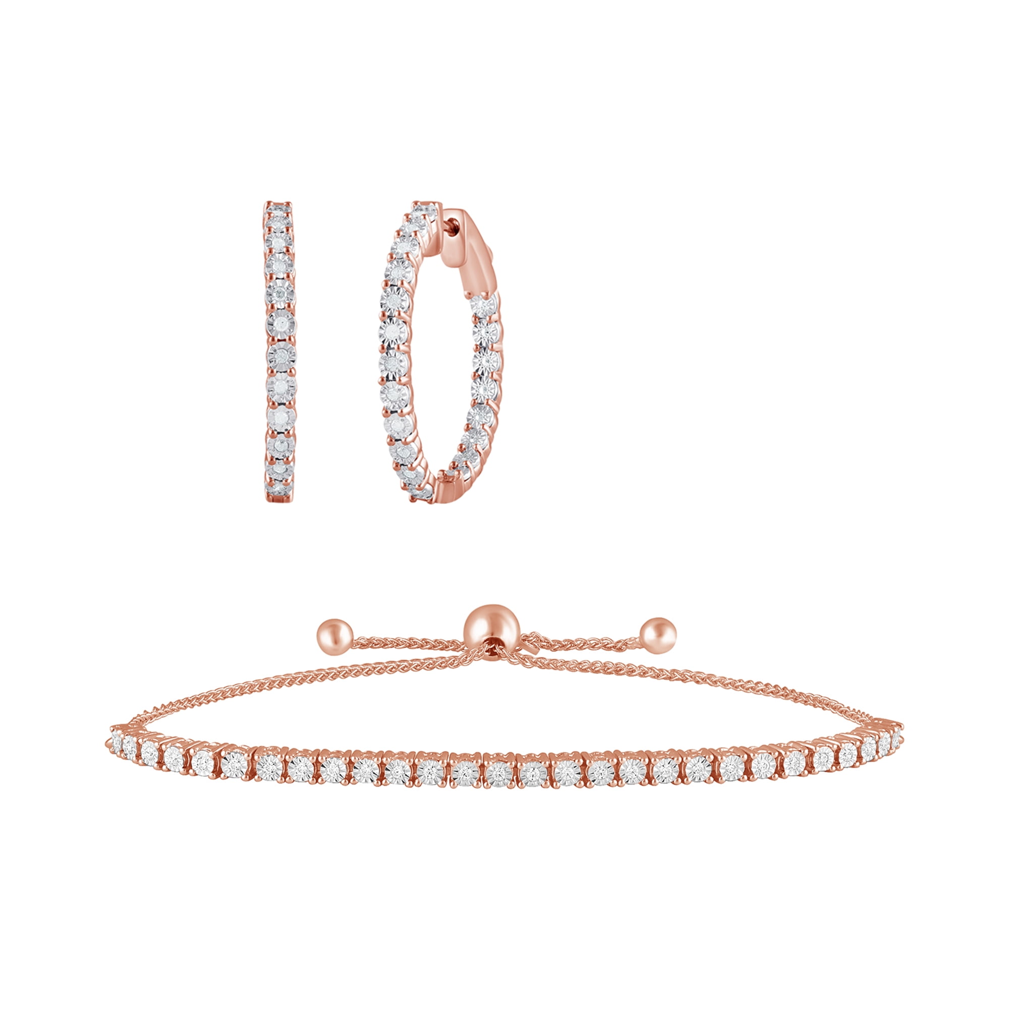 1/2 Carat T.W Sterling Silver Pink Plated Hoop Earring and Bolo Bracelet 2 Pcs set