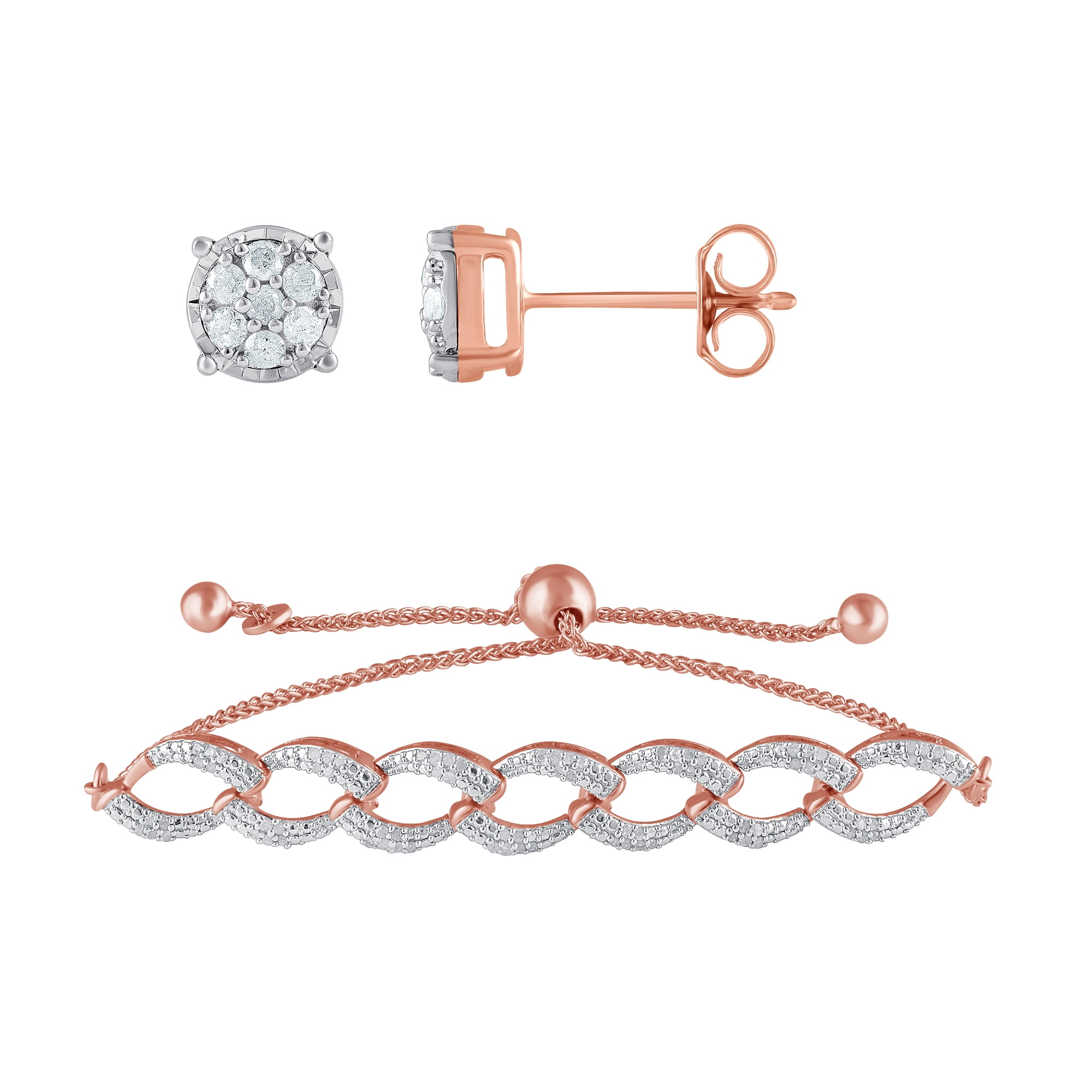 1/2 Carat T.W Sterling Silver Pink Stud Earrings and Bolo Bracelet 2 Pcs set.