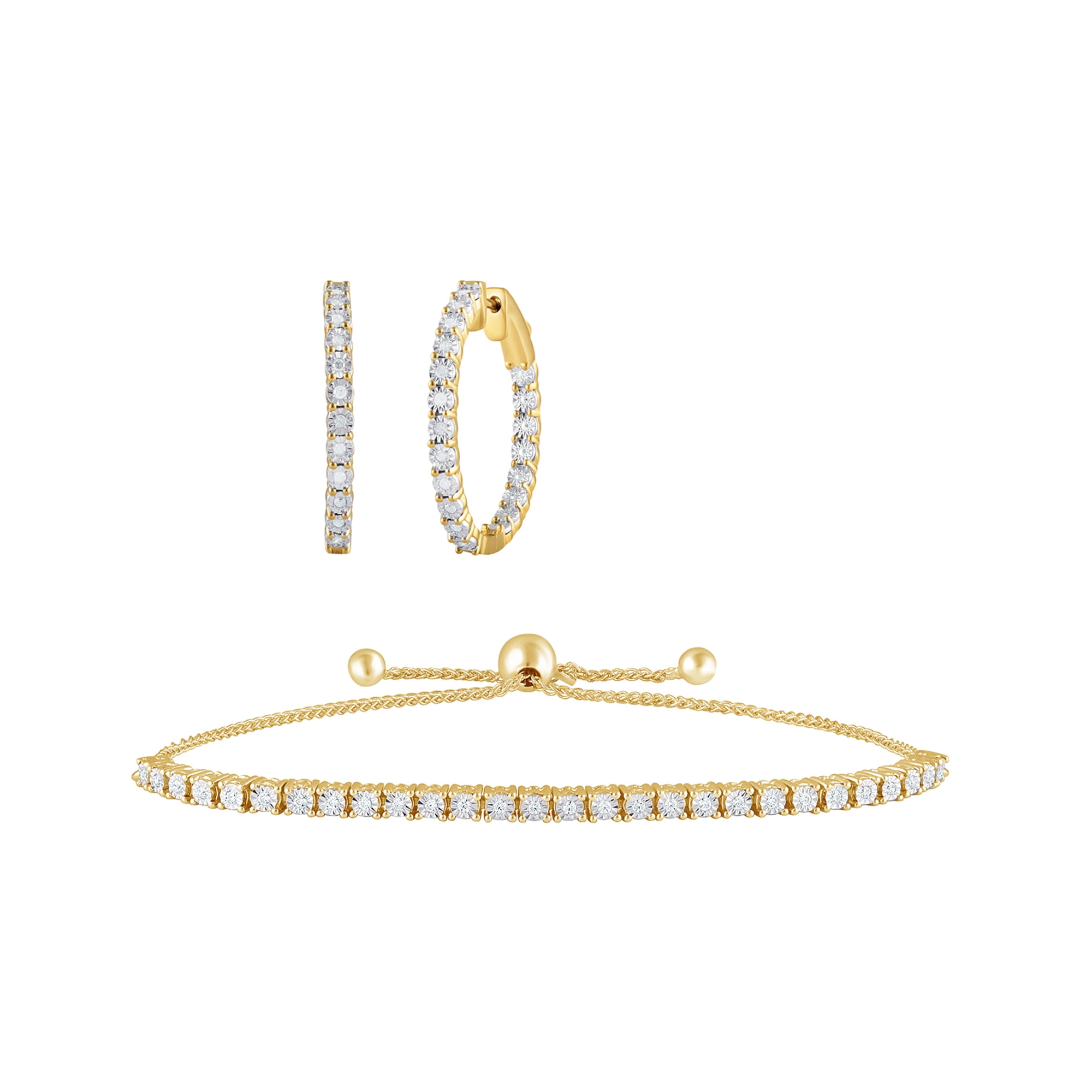 1/2 Carat T.W Sterling Silver Yellow Plated Hoop Earring and Bolo Bracelet 2 Pcs set