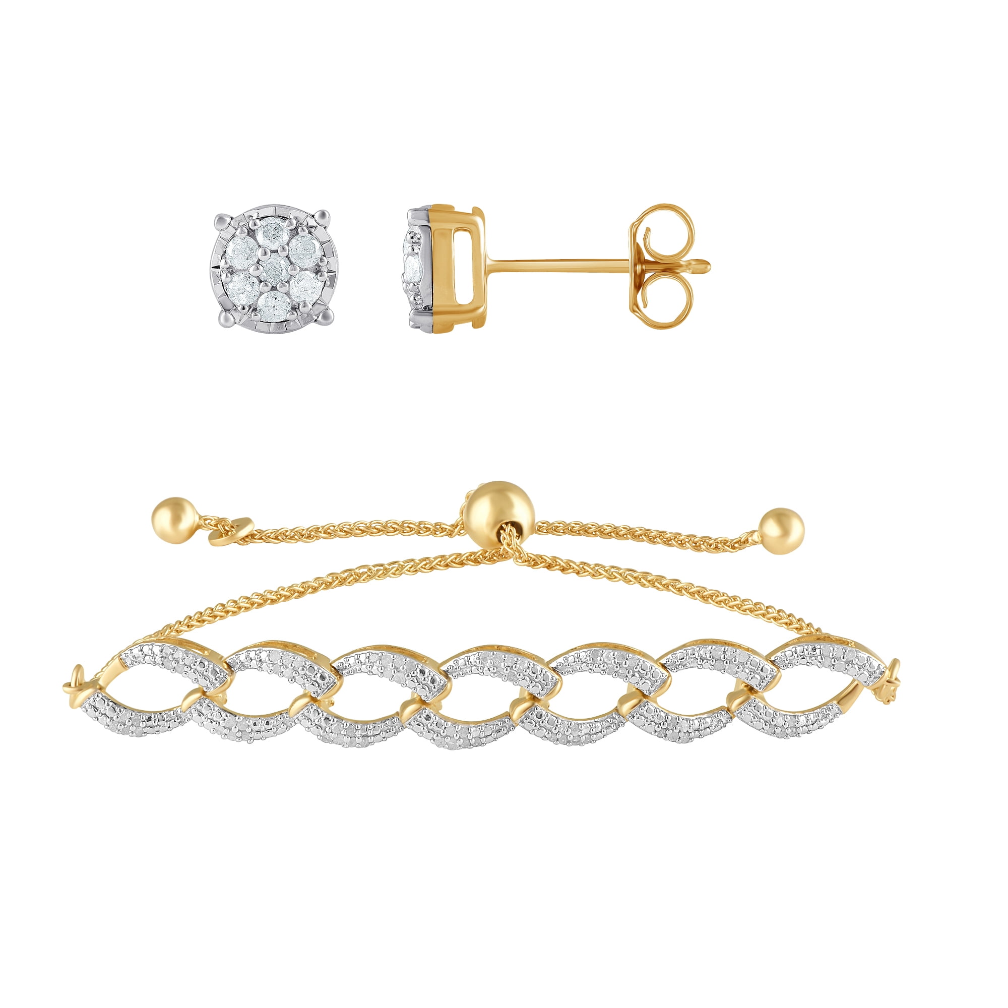 1/2 Carat T.W Sterling Silver Yellow Stud Earrings and Bolo Bracelet 2 Pcs set.