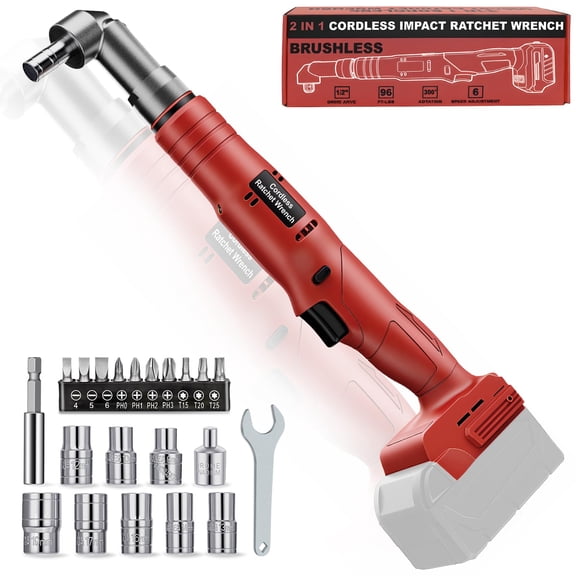 1/2" Cordless Ratchet Wrench Compatible with Milwaukee 18V Battery(Tool Only), 3-in-1 96FT-LBS Brushless Electric Ratchet with 3/8" Adapter & 1/4" Hex Bits, 6-Speed, 360° Rotating Head for Engine