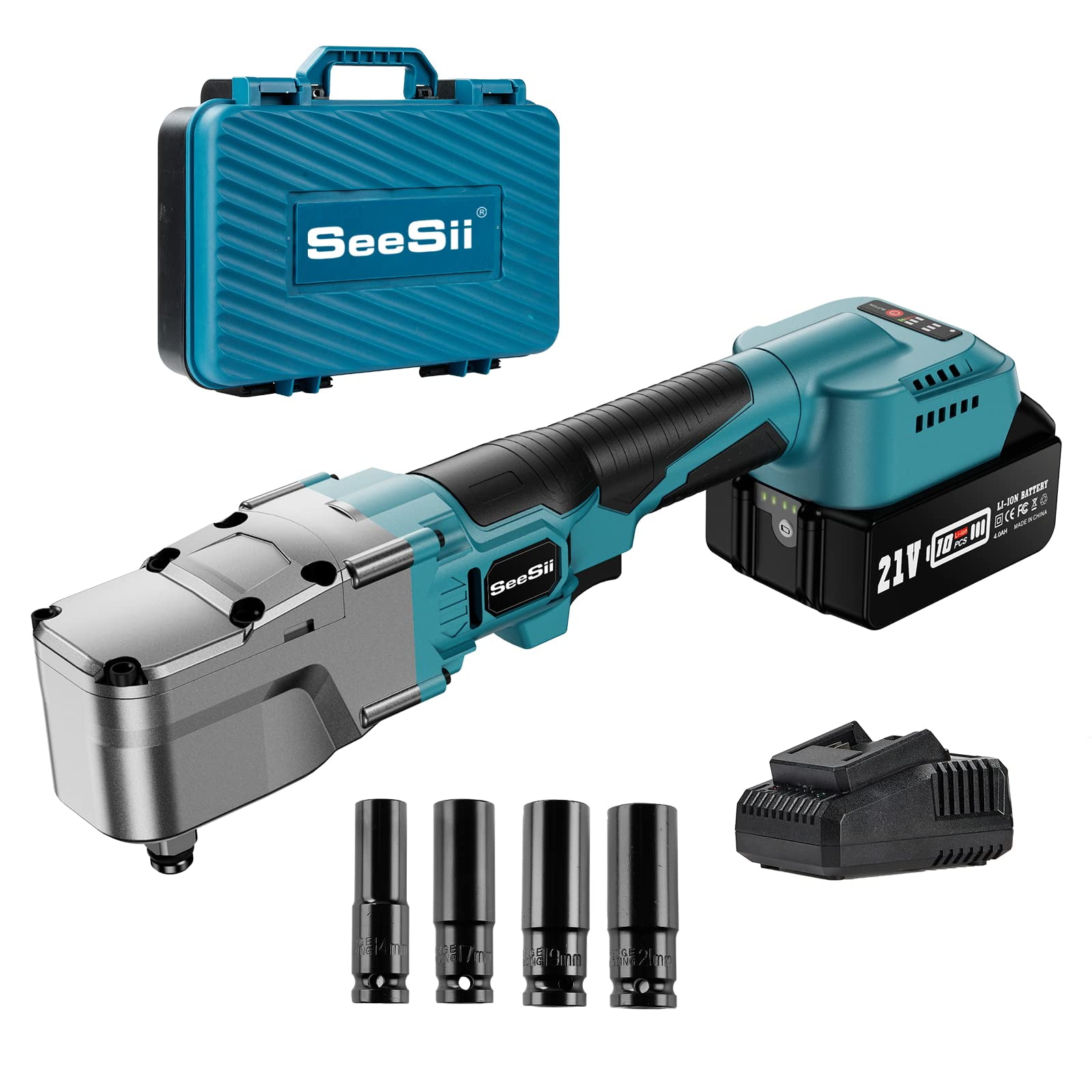 1/2'' Cordless Right Angle Impact Wrench Kit ,Seesii Brushless Power Impact  Wrench 220Ft-lbs(300N.m), w/4.0Ah Rechargable Battery & 4 Sockets