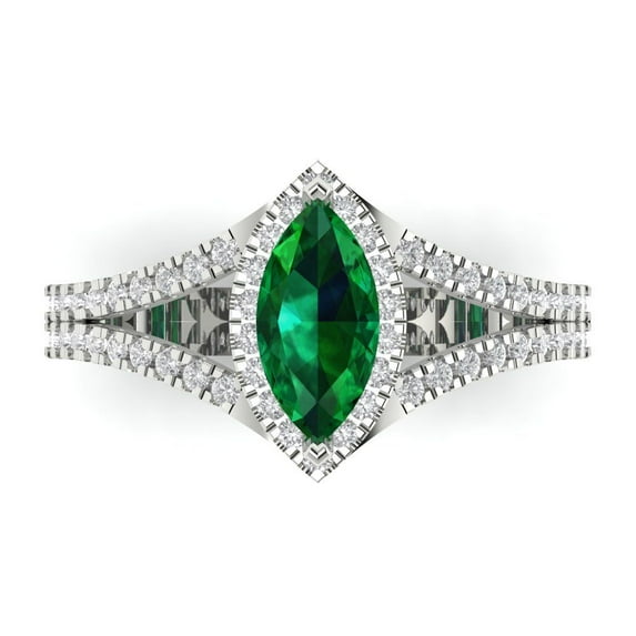 Halo Engagement Ring for Women - 1.2ct Simulated Emerald in 14K White Gold Promise Ring