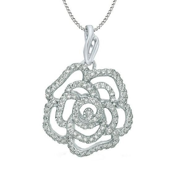 AFFY 1/2 Ct Natural Diamond Rose Pendant Necklace In 14K Solid White Gold