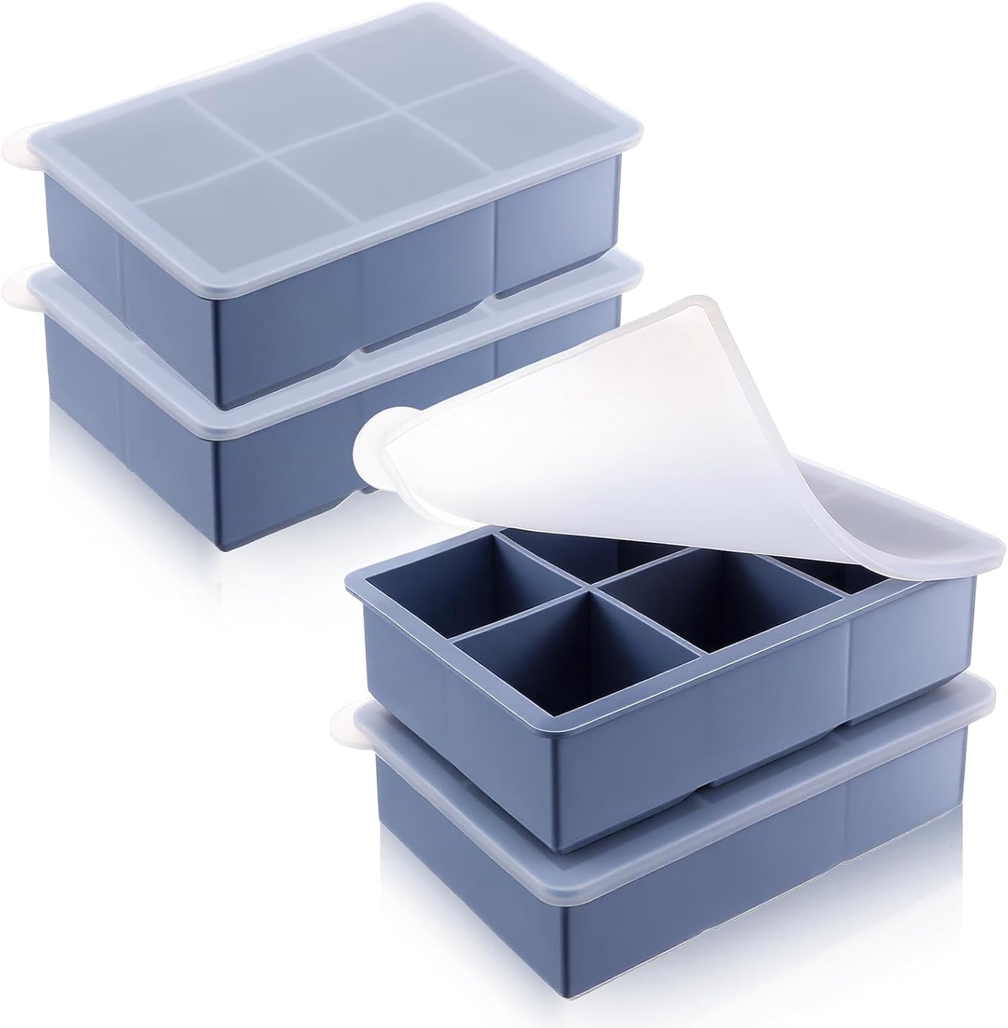 1/2 Cup Silicone Freezer Tray with Lid, Silicone Freezer Molds 4 Pack Square Ice Cube Tray for Meal Prep & Freezing of Various Sauces and other Dishes, Makes 24 Perfect 1/2 Cup Portions Cubes (Blue)