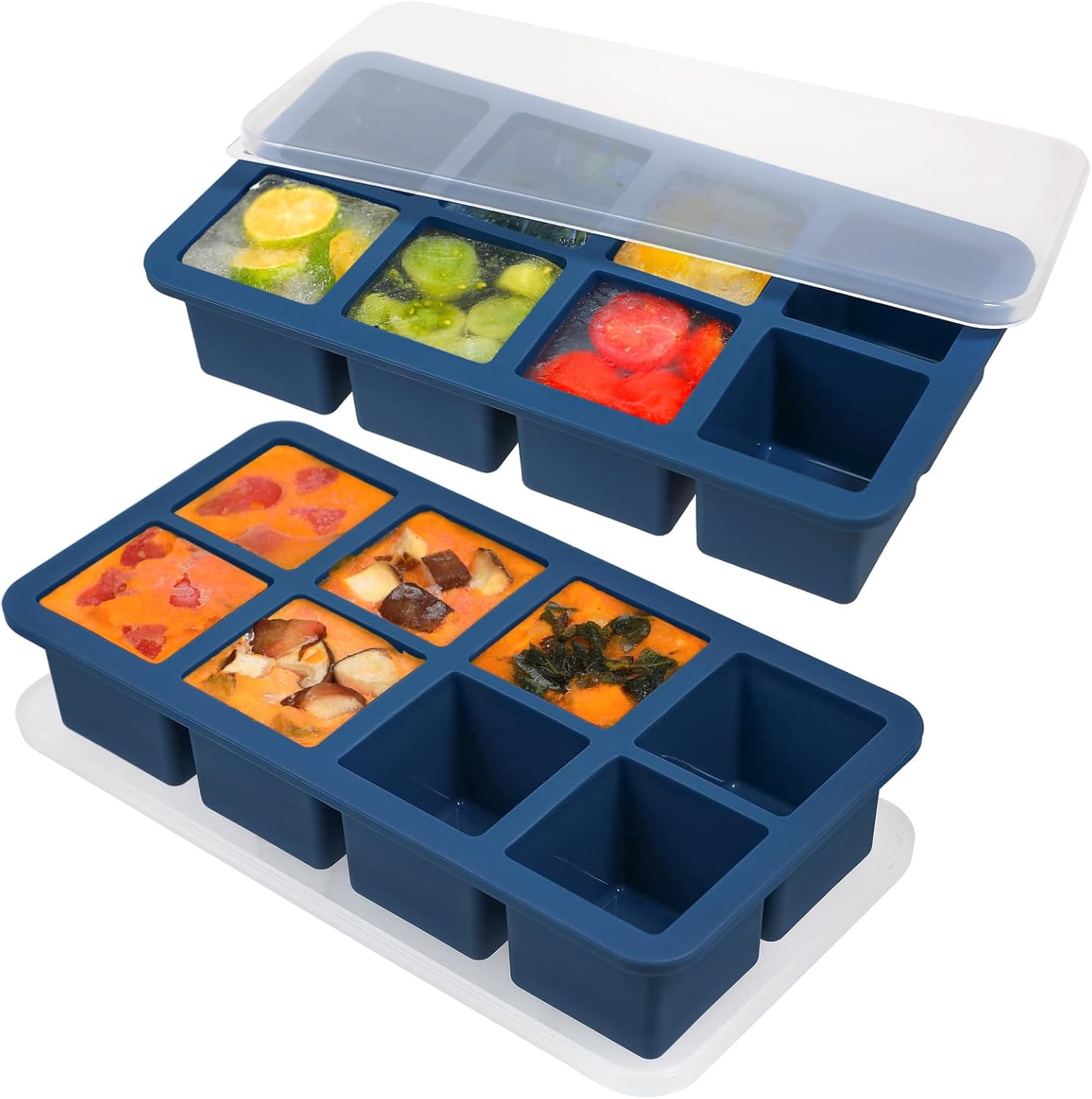 1/2 Cup Silicone Freezer Tray with Lids, 8-Grid Square Ice Cube Mold, Ideal for Prep & Portion, Large Ice Cube, Storage Soup, Snack, Broth, Leftovers, Pack of 2