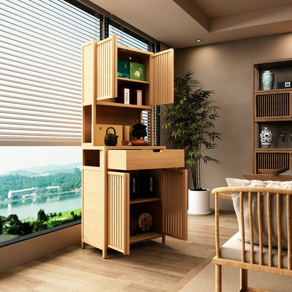 1-2 Drawer Tea Cabinet, Natural , Spacious Storage, Home & Bathroom, 72.12 In. Height, 26.71 Depth, 15.36 Width Material, Bathroom High, Deep, Wide