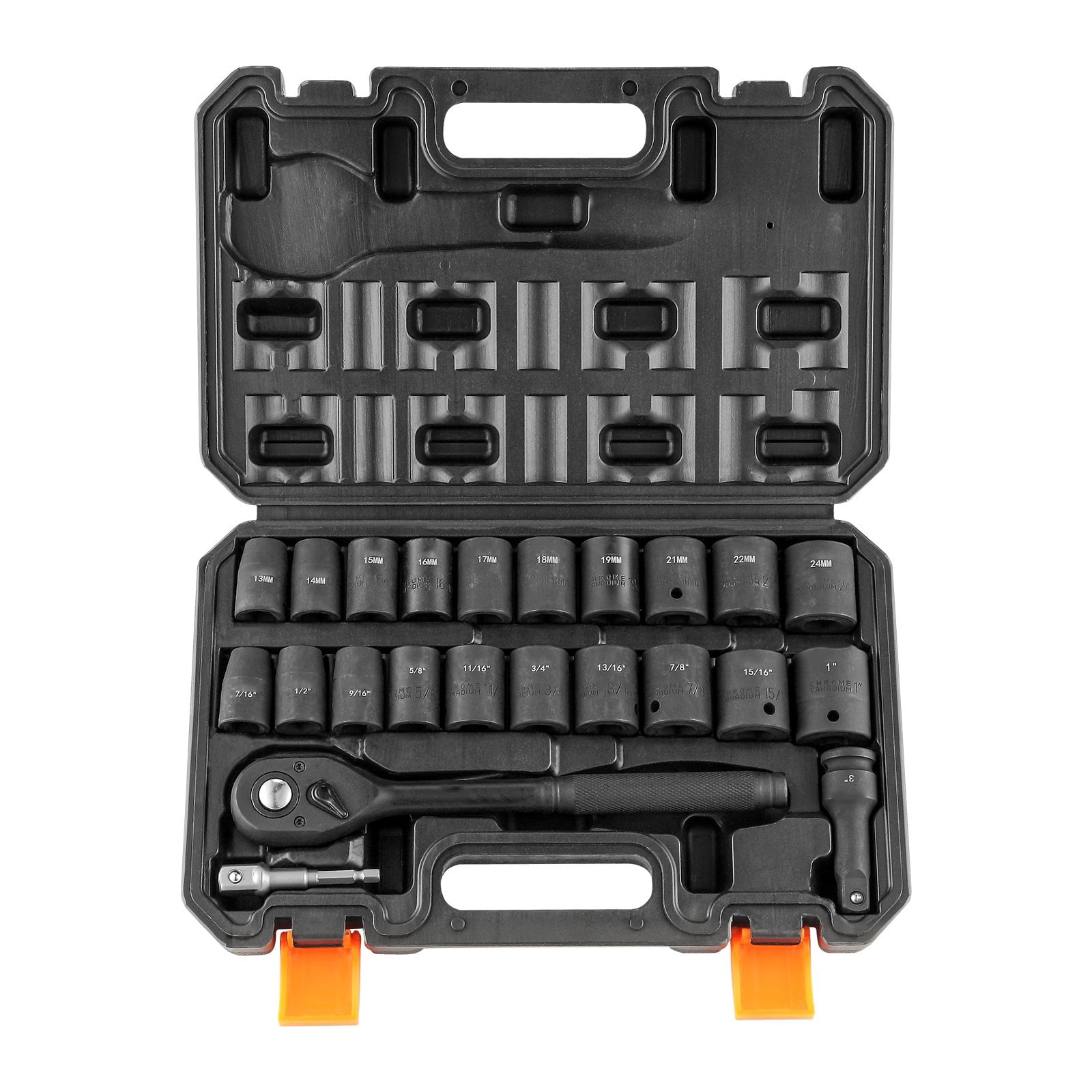 1/2" Drive 23-Piece Impact Socket Set, SAE & Metric 6-Point Cr-V Steel, with Ratchet Handle & Case, for Auto, Truck, and Home Repairs SAE (7/16" -1")& Metric (13-24mm)