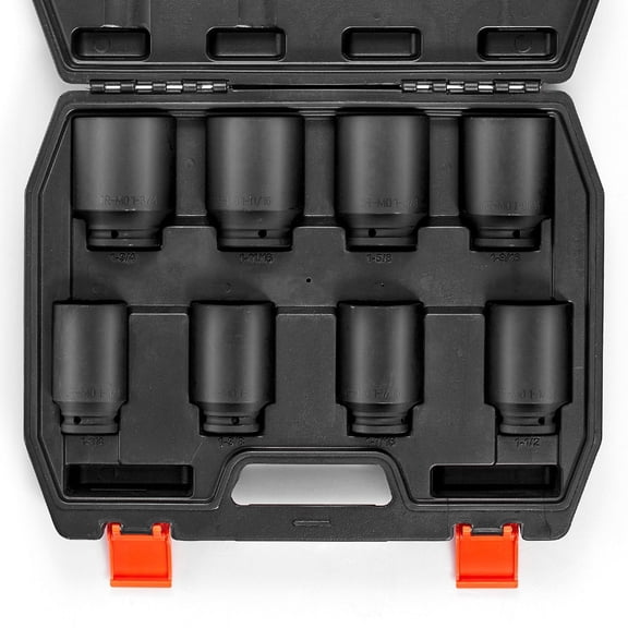 1/2" Drive 8-Piece SAE Axle Nut Impact Socket Set, Deep 6-Point, Chrome Molybdenum Steel, For Trucks & Automotive Maintenance