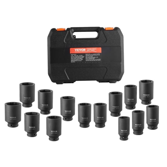 1/2" Drive Axle Nut Socket Set, 14-Piece Metric CR-V Deep Impact Sockets with Case for Auto Repair & Spindle Nut Removal