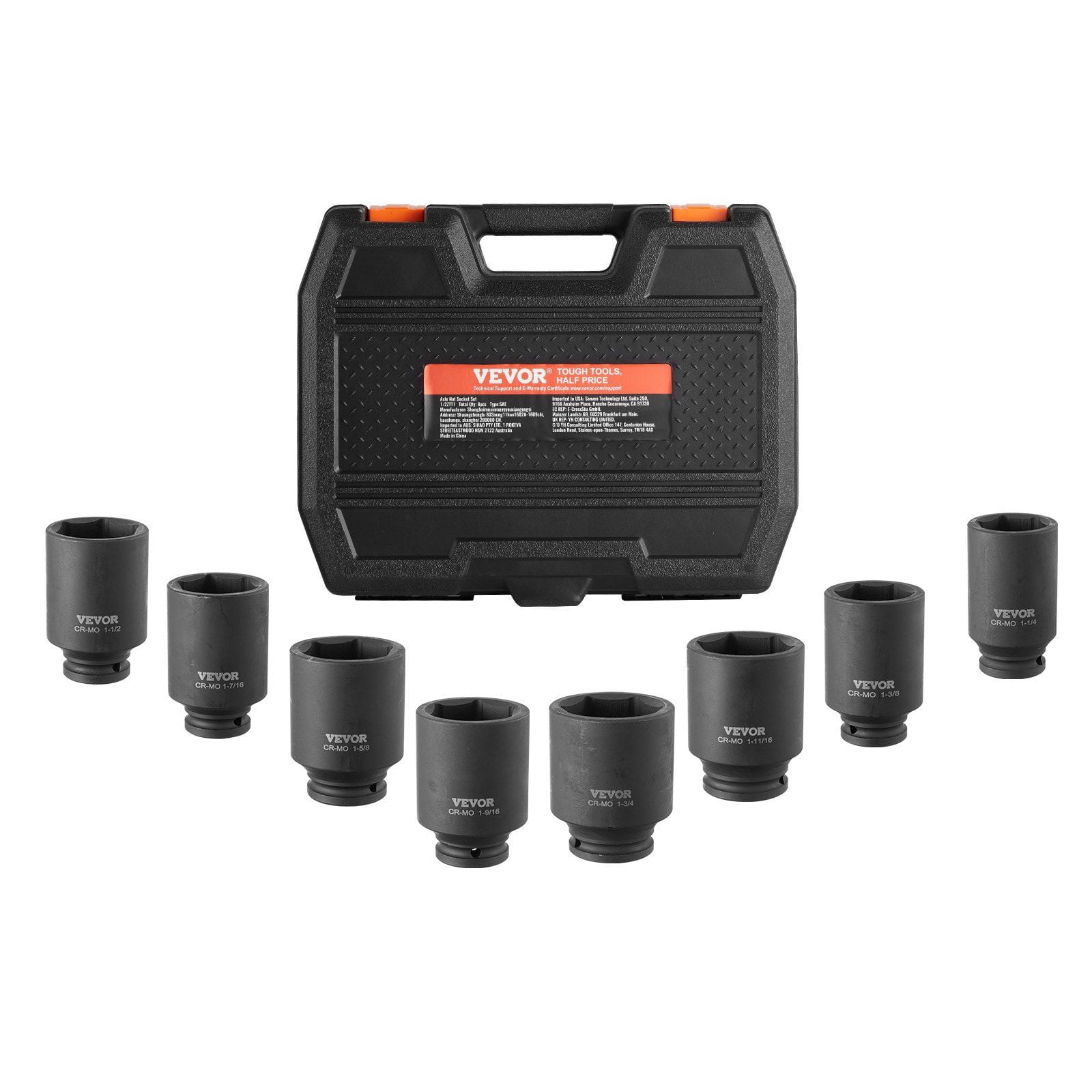 1/2 Drive Deep 6 Point 8 Piece SAE Axle Nut Impact Socket Set CR MO Heat Treated with Storage Case for Auto Repair