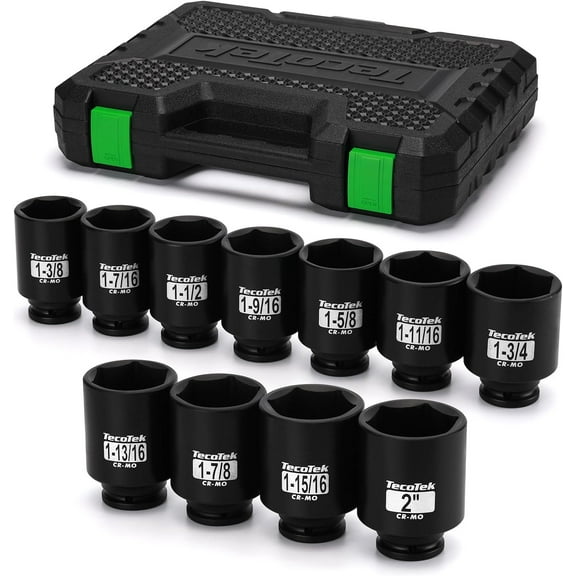 1/2" Drive Deep 6-Point Impact Socket Set, 11-Piece Standard SAE Spindle Axle Nut Impact Socket Set, Cr-Mo, 1-3/8-Inch to 2-Inch Size
