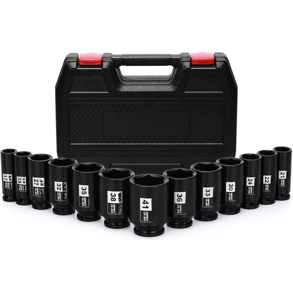 1/2" Drive Deep Big Socket Set, 13- Large Spindle Axle Nut Wrench Socket Set, 6 Point, CR-MO, Metric, 17mm - 41mm