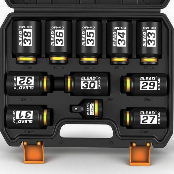 1/2'' Drive Deep Impact Socket Set: 11-Piece Metric Wheel Axle Nut Wrench Lar Jumbo 27mm 29mm 30mm 31mm 32mm 3m 34mm 35mm 36mm 38mm Car Spindle Joint High Torque Truck Bearing Locknut