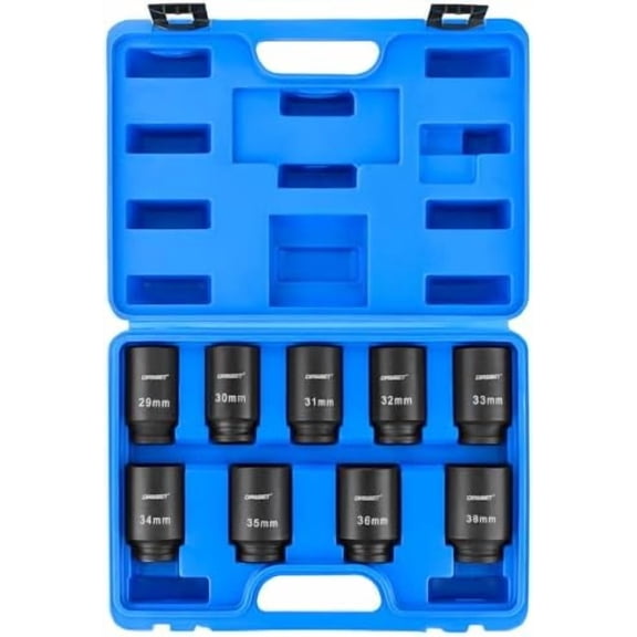 1/2" Drive Deep Impact Socket Set | 9PCS 6 Point Metric 29-38mm Drive Spindle Axle Hub Nut Socket Set with Size Markings and Storage Case