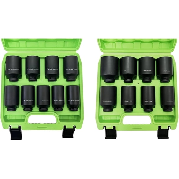 1/2" Drive Deep Socket Set 17-, Spindle 6 Point Axle Nut Sockets Set, Standard SAE (1-1/4-Inch to /4-Inch) and Metric (29mm - 38mm) Large Socket, CR-MO, Grade