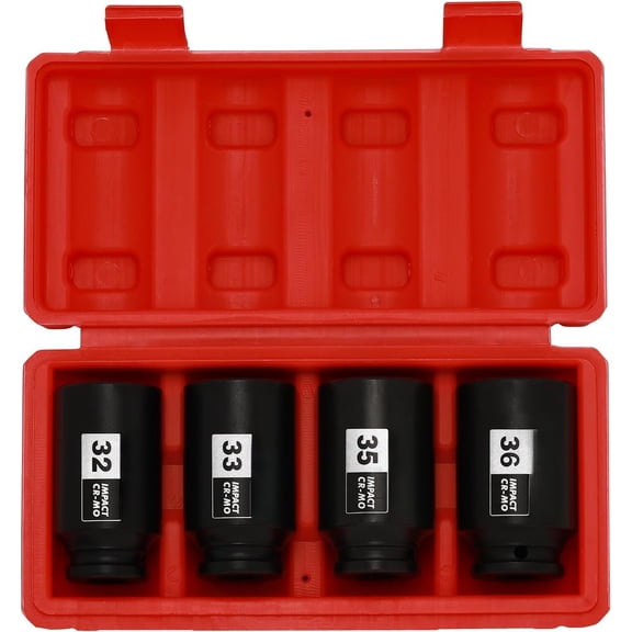 1/2'' Drive Deep Spindle Axle Nut Socket Set, 6 Point, CR-MO,32,33,35,36mm, 4 count 1/2-Inch Socket Set, Heavy Duty Use In Removing And Installing Axle Nuts
