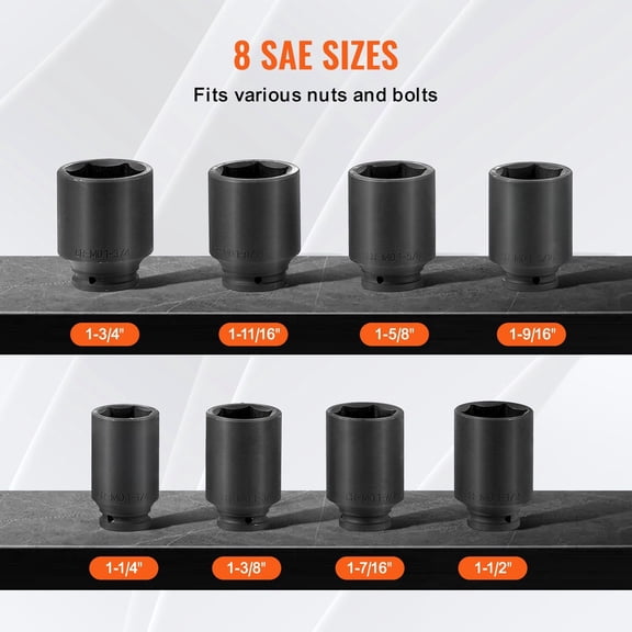 1/2" Drive Deep Wall Impact Socket Set, 6-Point, SAE Size (8-Piece) - For Axle Nuts, Lug Nuts & Heavy-Duty Automotive Applications, Chrome Molybdenum Steel, Professional Grade
