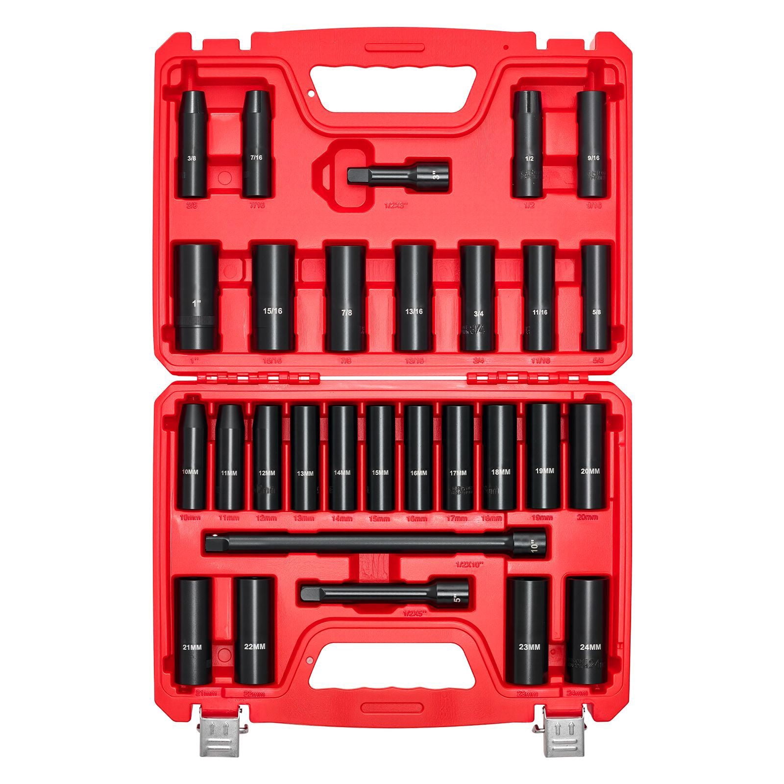1/2 in Drive Impact Socket Set, 29 Piece, 6 Point Deep Impact Sockets, SAE (3/8 to 1 inch) and Metric (10 to 24 mm) Sizes with Extension Bars (3, 5, 10 in), Cr-V Steel, Heavy Duty Carrying Case