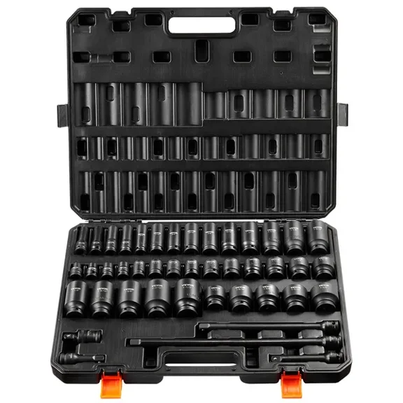 1/2" Drive Impact Socket Set, 43 Piece Deep & Shallow Socket Set SAE 3/8" to 1-1/2", 6 Point Cr-Mo Alloy Steel for Auto Repair, Easy-to-Read Size Markings, Rugged Construction, Storage Case
