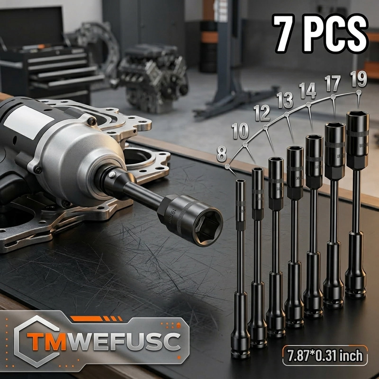 1/2" Drive Impact Socket Set 7 Piece Metric 8-19mm Steel Heavy Duty Impact Socket for Electric Wrench (Black)
