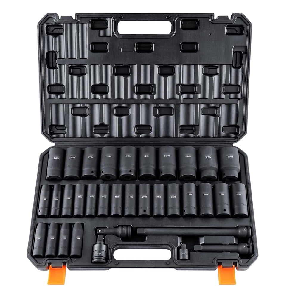 1/2" Drive Impact Socket Set, Socket Set Metric 8-36mm, 6 Point Cr-MO Alloy Steel with Storage Case for Indoor, Home Improvement, Auto Repair, Rugged Construction, 34 Piece, Black