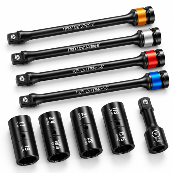 1/2" Drive Impact Torque Limiting Extension Bar and Flip Lug Nut Socket Set, 90-120 Ft-lbs