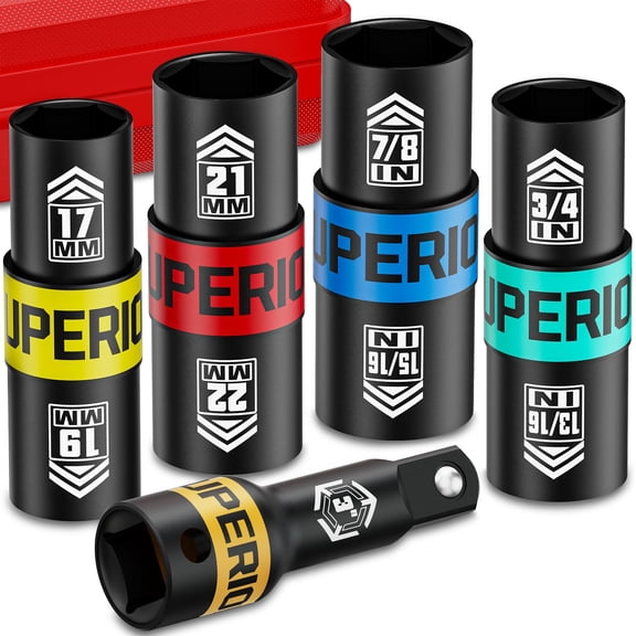 1/2" Drive Lug Nut Impact Socket Set, 5 Pcs Impact Sockets, Flip Socket Set, Thin Wall Nut Sockets with 3" Extension Bar, Remove Bloated Warped, Damaged Lug Nuts