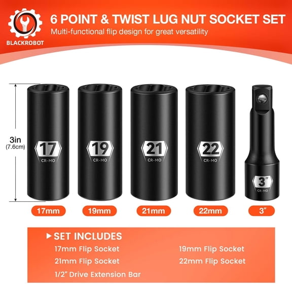 1/2" Drive Lug Nut Removal Tool Set with 6-Point Socket & Twist Extractor 17mm-22mm 3" Extension