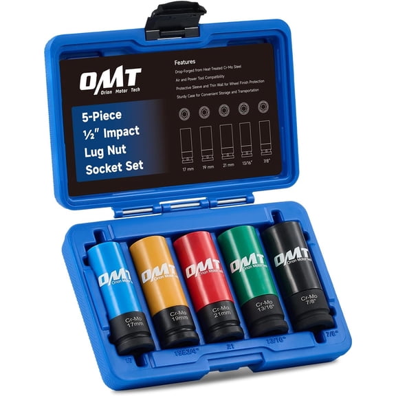 1/2" Drive Lug Nut Socket Set, Metric 17 19 21 mm & SAE 13/16 7/8 in. Wheel Socket Set, 5pc Impact Lug Nut Socket Set, Thin Wall Lug Nut Sockets with Colored Protective Covers