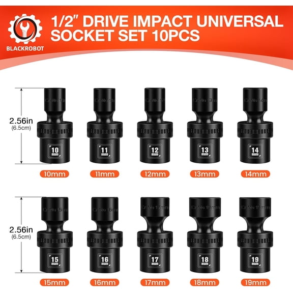 1/2" Drive Swivel Socket Set, 10 Pieces Shallow Universal Impact Socket Set, Metric(10-19mm) Flexible Wobble Socket Set, 6 Point, CR-MO