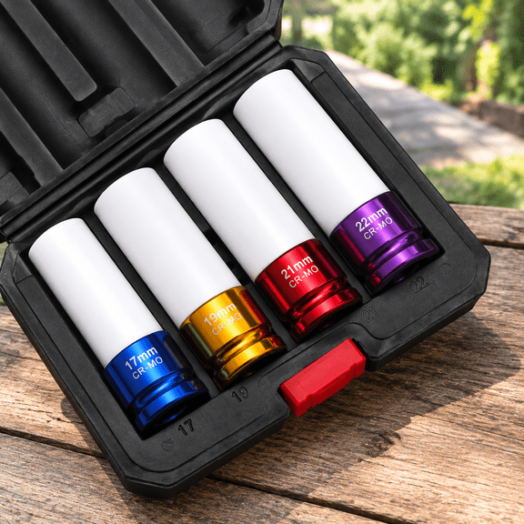1/2" Drive Wheel Protector Impact Socket, 4 pcs Thin Wall Deep Impact Socket Set, Durable Plastic Sleeve Lug Nut Socket, 6 Point, Metric, 17mm,19mm,21mm,22mm