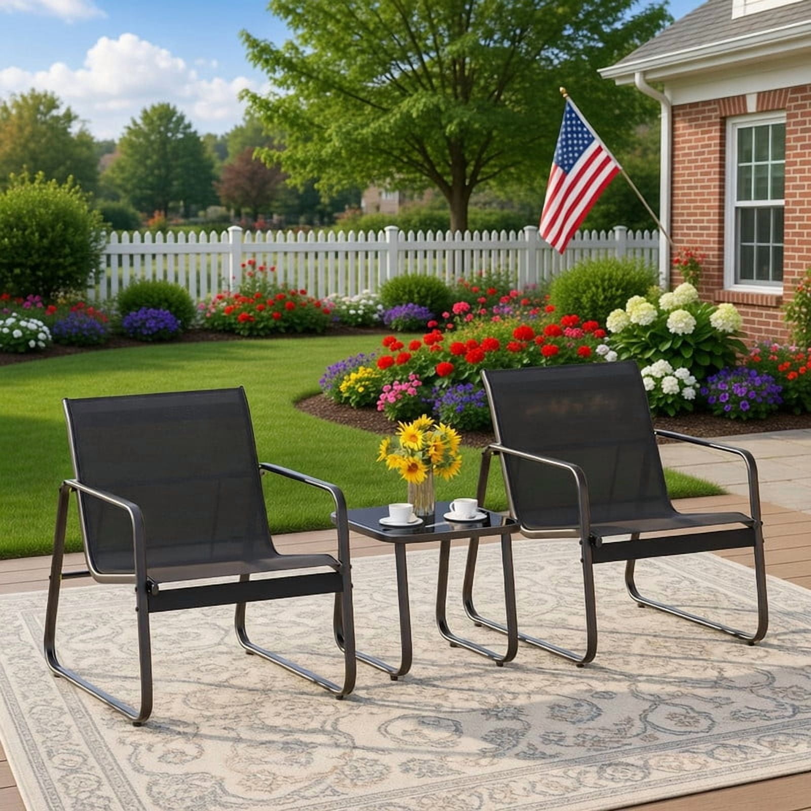 3-Piece Outdoor Textilene Patio Furniture Set, Modern All-Weather Bistro Conversation Set with Chairs & Coffee Table for Small Patio, Backyard, Porch and Deck, Black