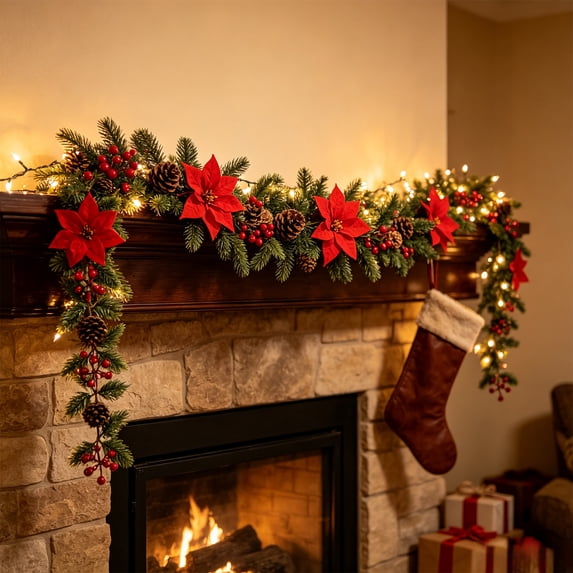 1.2 FT 4-in-1 Connectable Artificial Christmas Garland Set, Faux Greenery Vine with Red Poinsettias, Red Berries & Pinecones for Mantel, Stair Railing, Window, Indoor Outdoor Xmas Holiday Decoration