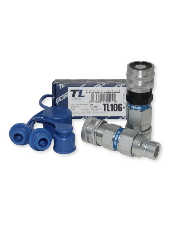 1/2" Flat Face to Ag Style Hydraulic Quick Connect Coupler Adapter Set | Heavy-Duty | ISO 16028 to ISO 5675 | 5076 PSI | Zinc Plated | Dust Caps Included | Fits Bobcat, John Deere, CAT | Model TL106