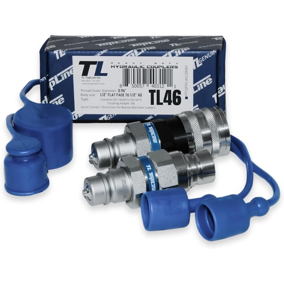 1/2" Flat Face to Ag Style Hydraulic Quick Coupler Adapter Set | Install Flat Face Connector on Skid Steer | 5076 PSI | Zinc Plated | ISO 16028 to ISO 5675 | with Dust Caps | Model TL46